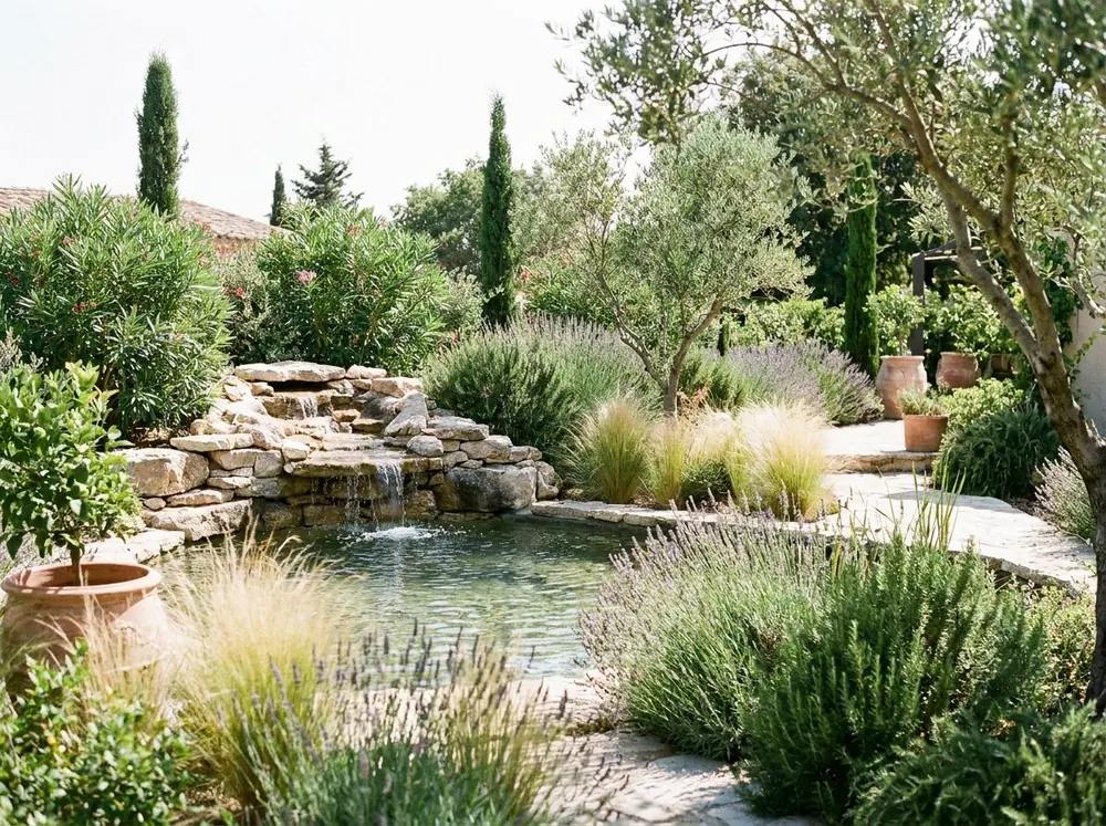 Création de jardin avec bassin, cascade et massifs de graminées